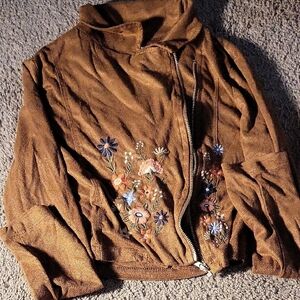 Beautees Brown Bomber Jacket with Floral Embroidery